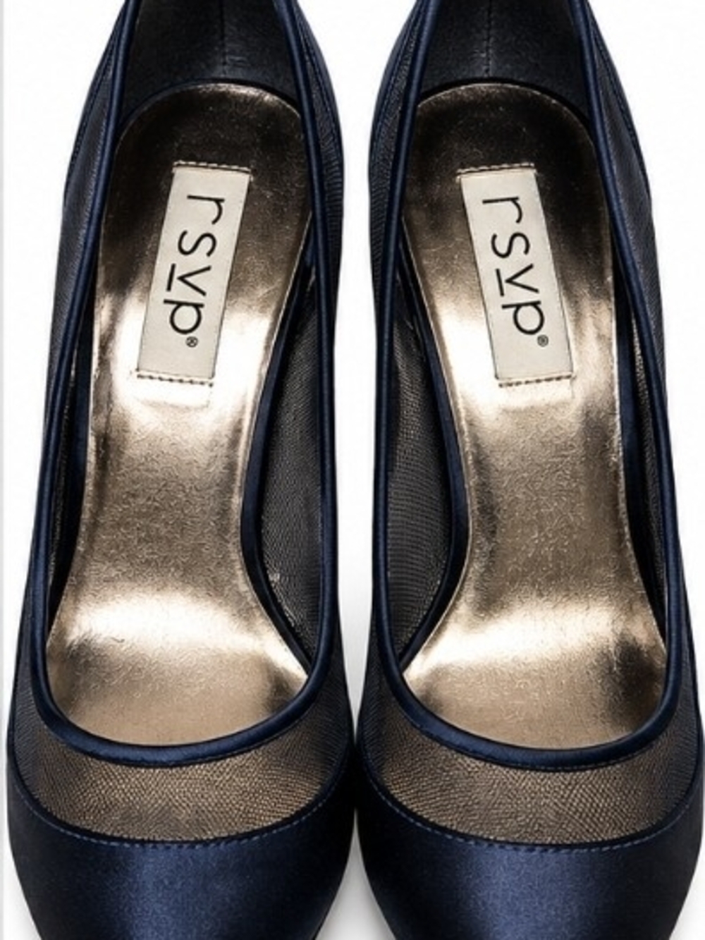 RSVP Navy Satin Round-Toe Mesh Accent Pumps